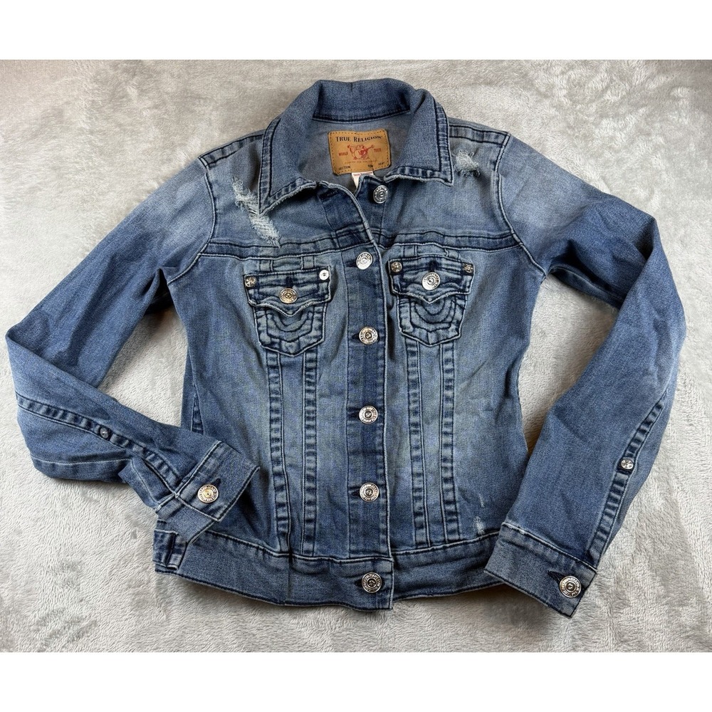 True Religion Denim Jacket Women's Size Small Button Front Trucker‎ Destroy